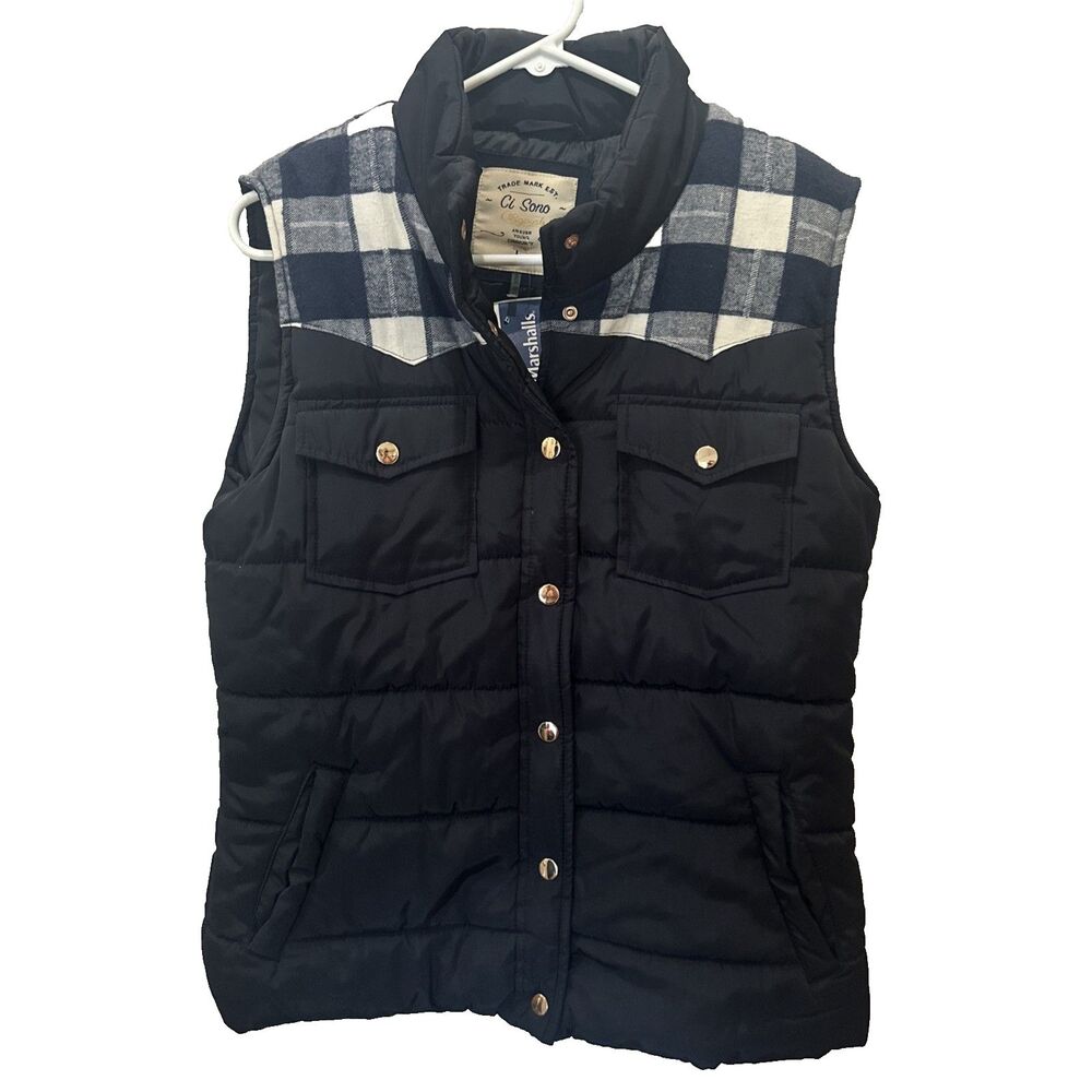 Ci Sono Originals Plaid Yoke Midnight Navy Puffy Vest Warm Quilted Style L NWT